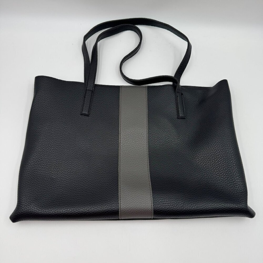 Vince Camuto Black & Gray Pebbled Leather Tote Bag With Dual Handles